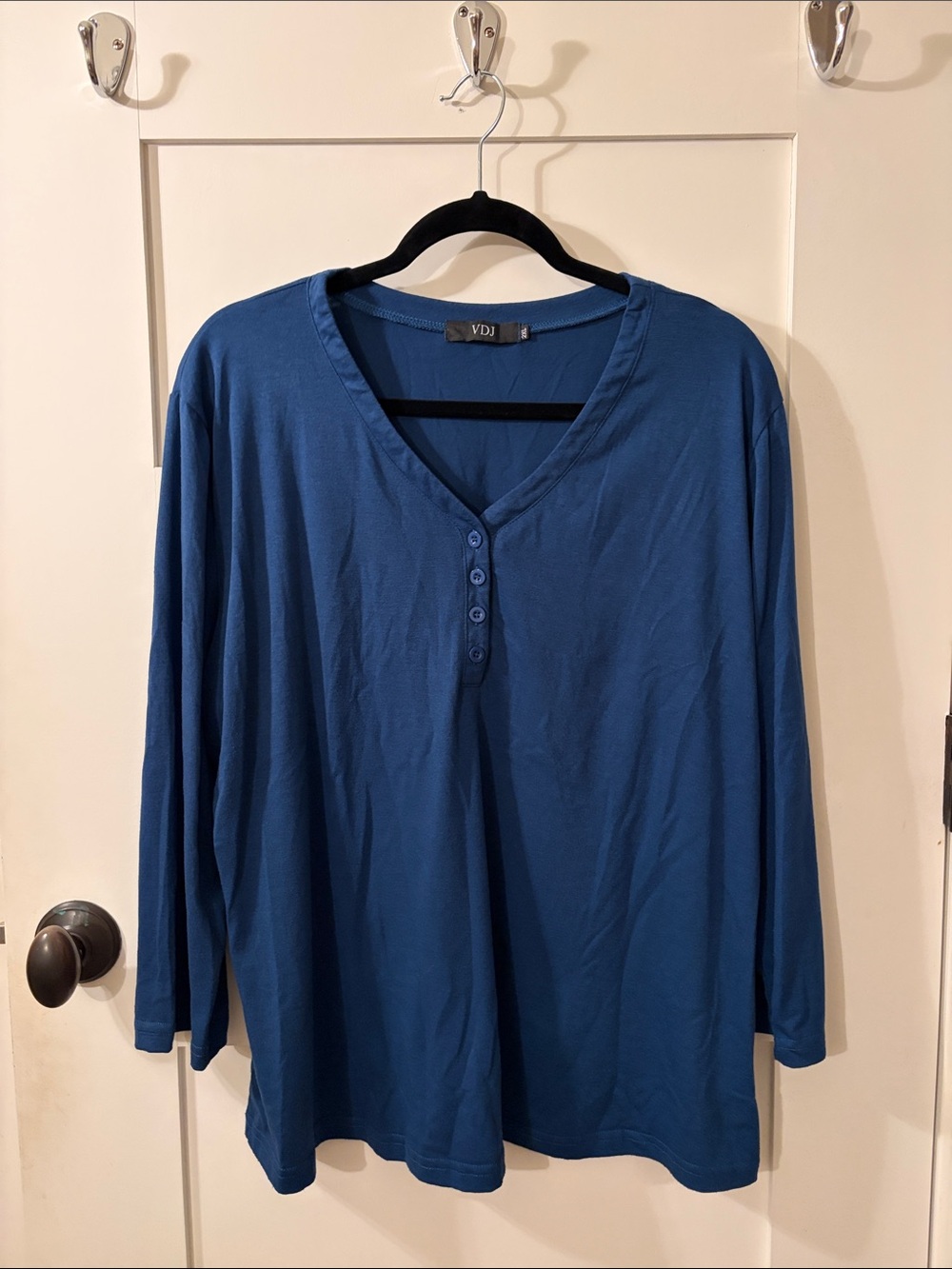 Women's Long-Sleeve Blue Henley Top with V-Neck